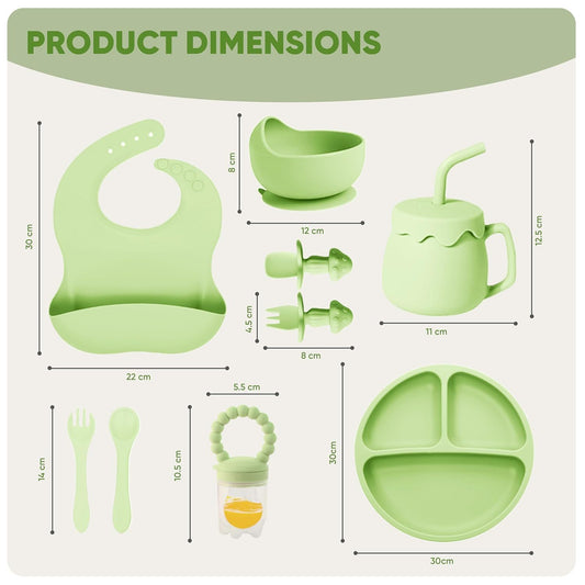 Adlytee siliconen babyvoedingsset met zuignap – 10-delige baby-led weaning benodigdheden: kom, verdeelde plaat, verstelbare zachte slab, lepel, vork, snackbeker en bestek, groen | essentiële maaltijdset voor peuters
