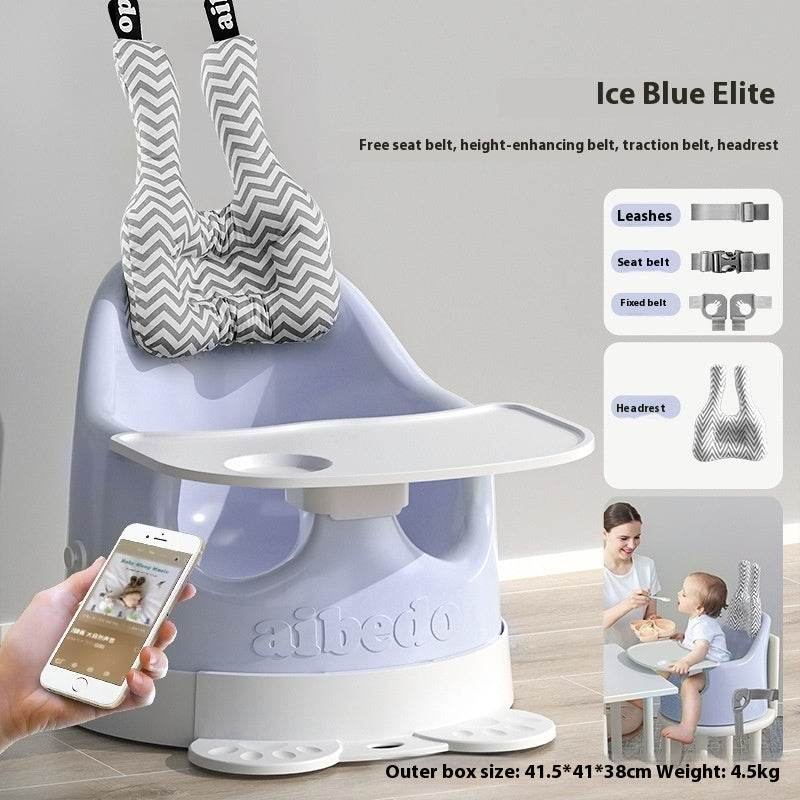 Baby high chair with accessories and smartphone app interface, featuring 'Ice Blue Elite' branding.