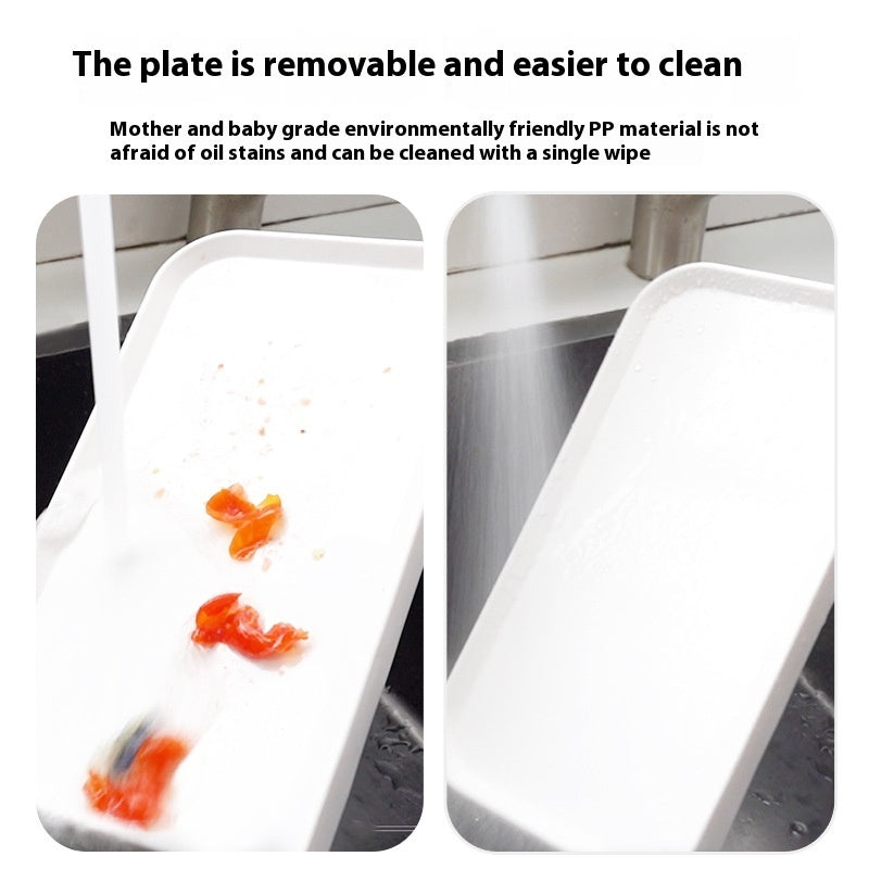 White pet dish with food stains on a sink, text about removable plate and cleaning.