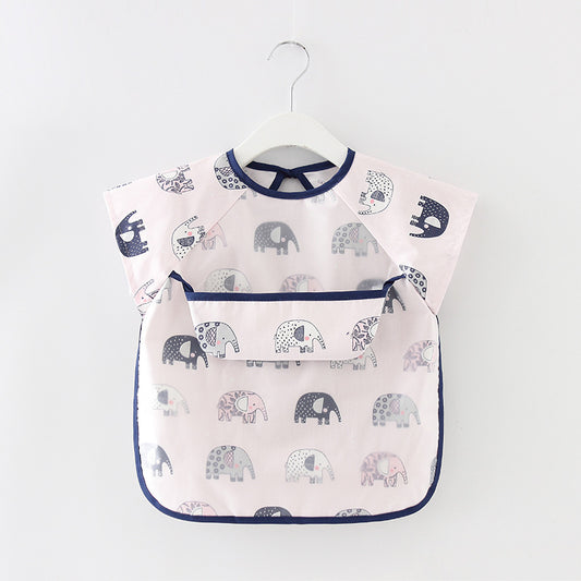 Baby bib with elephant pattern on a hanger against a white background