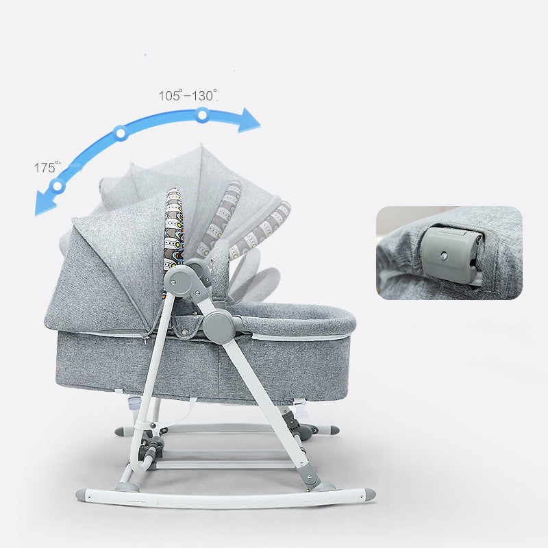 Gray baby swing with adjustable angles and close-up of a buckle on a white background