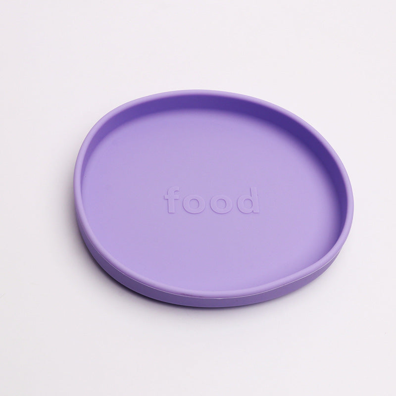 Purple lid with 'food' text on a white background