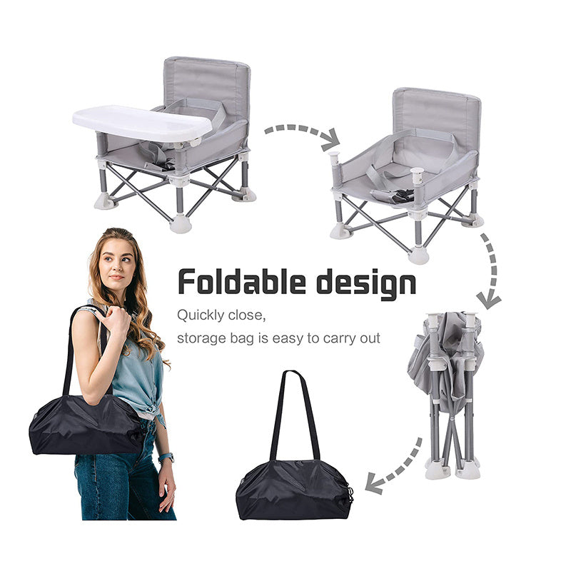 Foldable chair with table, storage bag, and woman holding bag on white background