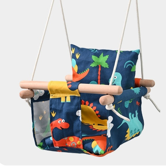 Children's swing with dinosaur pattern on a white background