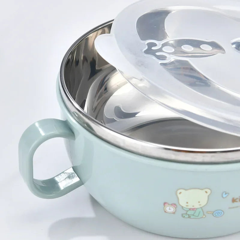Adorable Cartoon Stainless Steel Baby Feeding Bowl Set - BPA Free, Insulated 300ml with Spoon for Kids