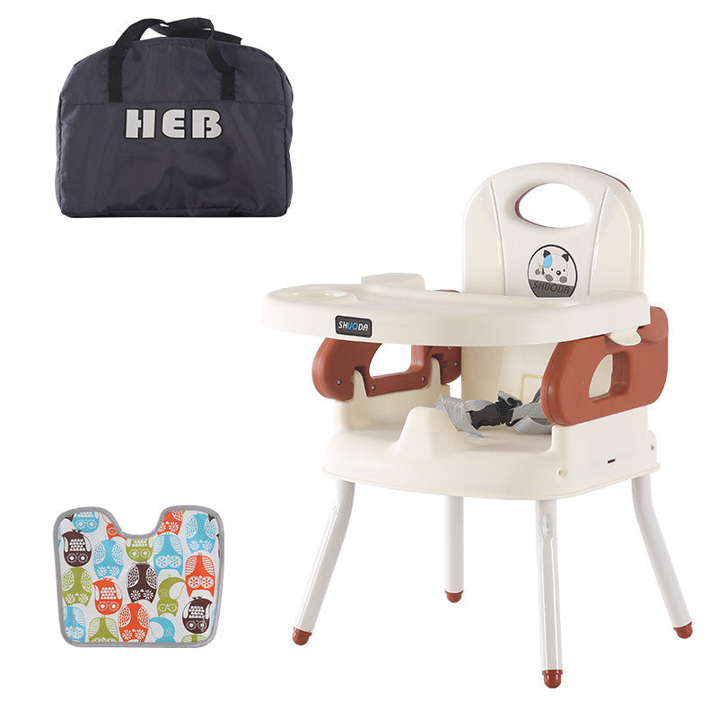 Baby high chair with accessories and HEB bag on a white background