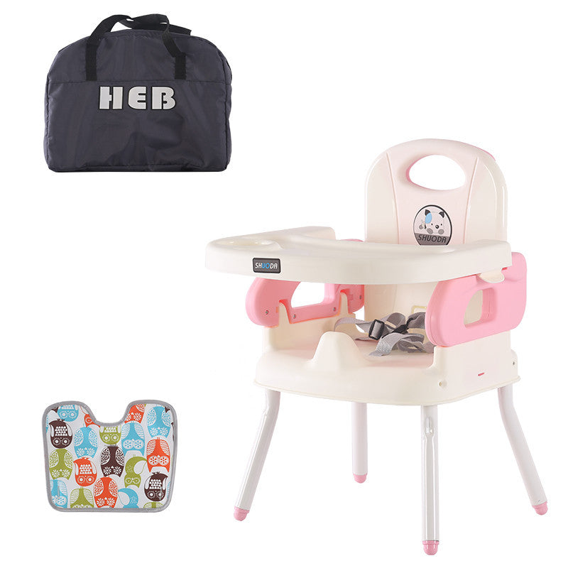 Pink and white baby high chair with accessories on a white background, featuring HEB branding.