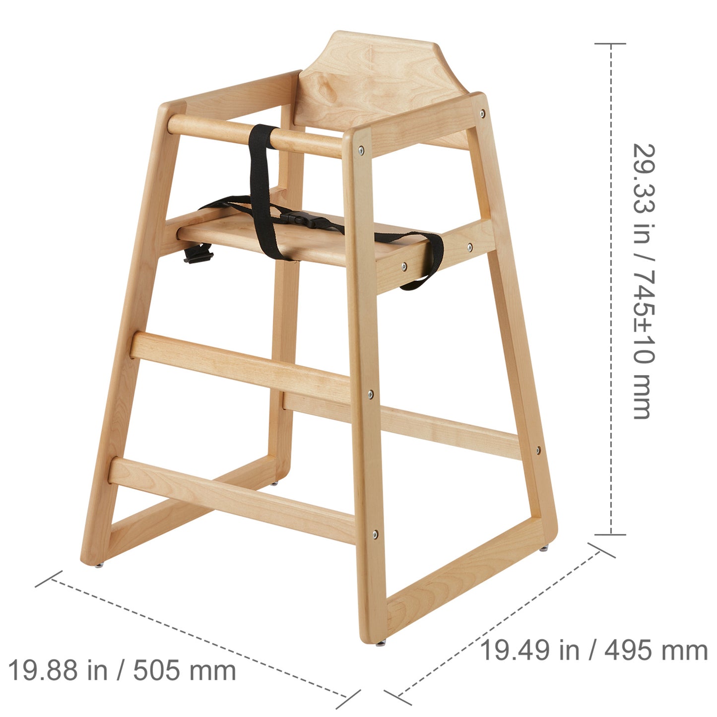 Wooden high chair with dimensions on a white background