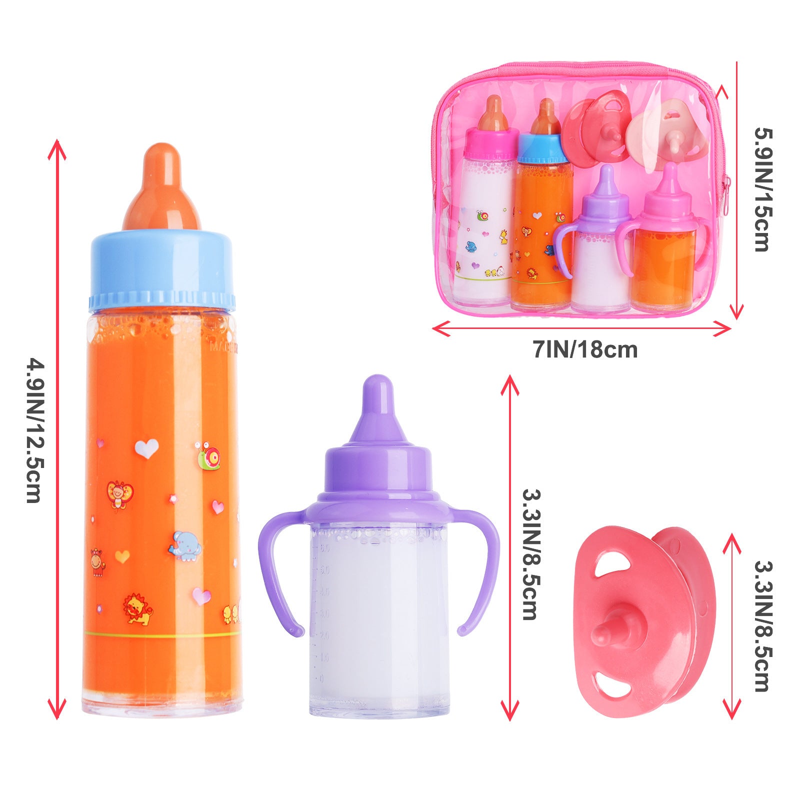 Set of colorful baby bottles and sippy cup with dimensions displayed