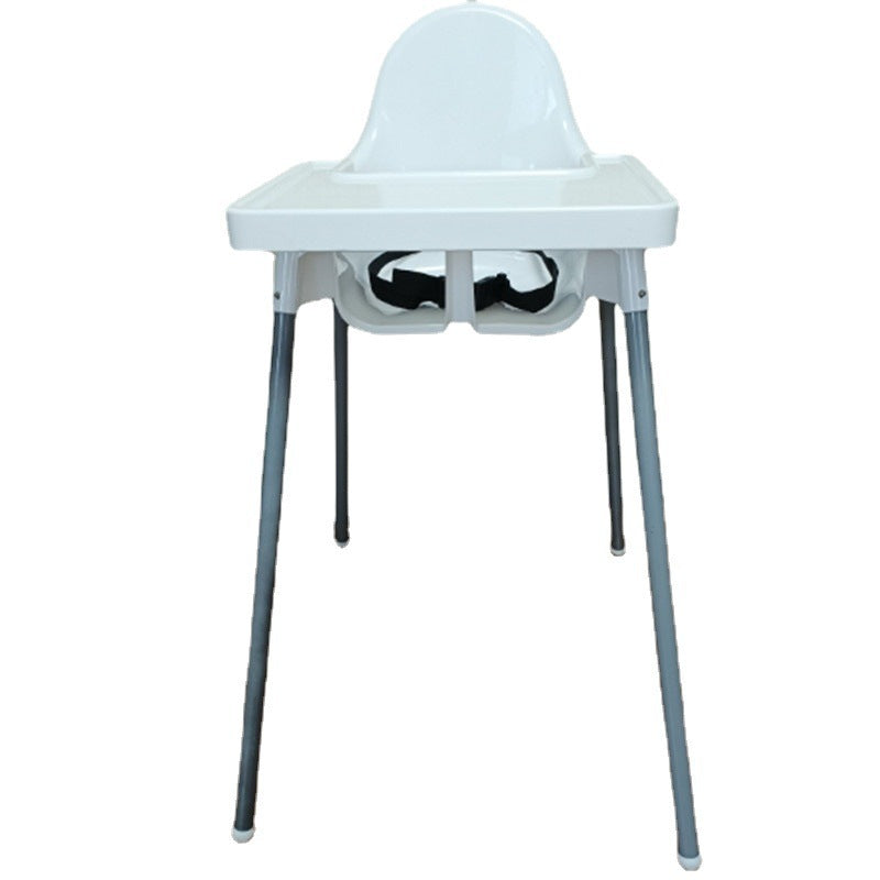 White baby high chair with gray legs on a white background