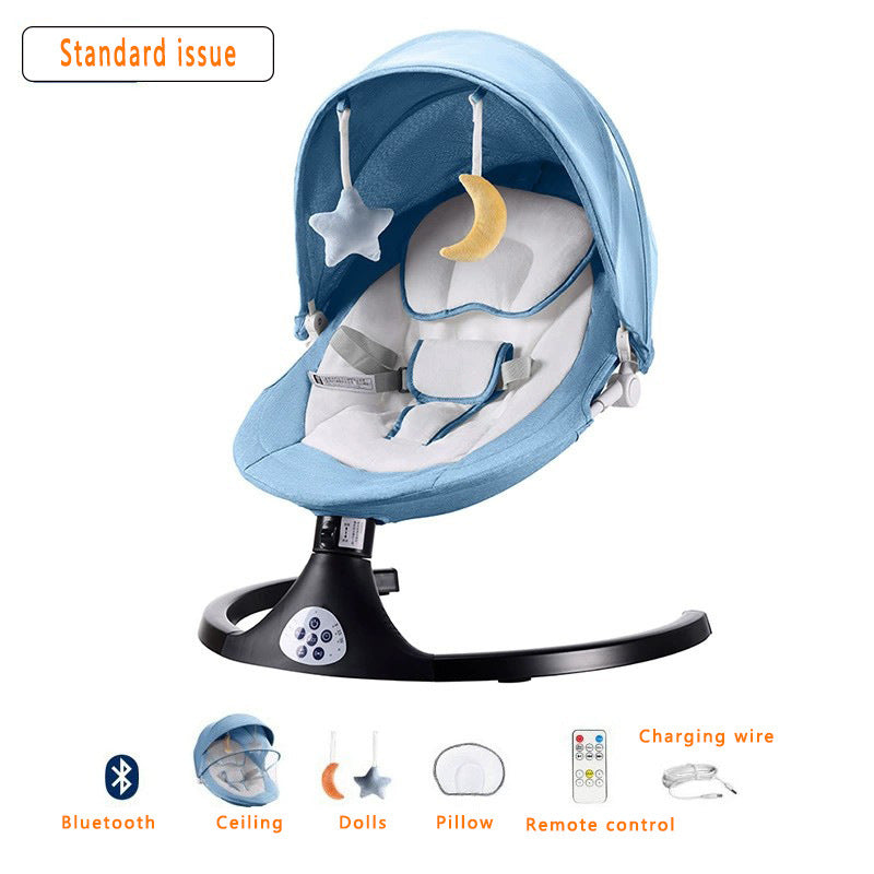 Baby swing with blue canopy and white cushion, featuring Bluetooth, ceiling, dolls, pillow, remote control, and charging wire icons.
