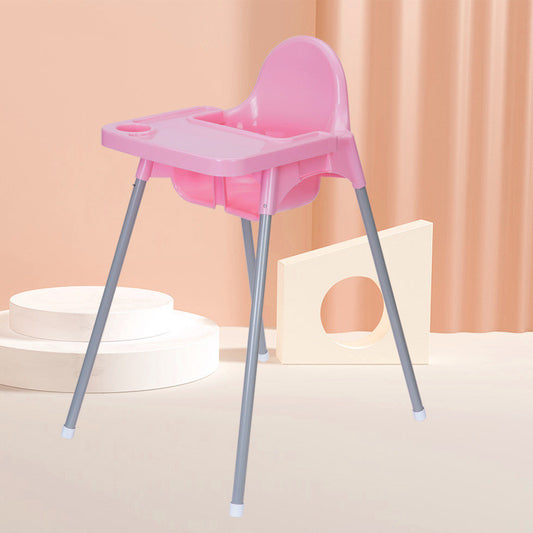 Pink baby high chair with gray legs on a light pink background