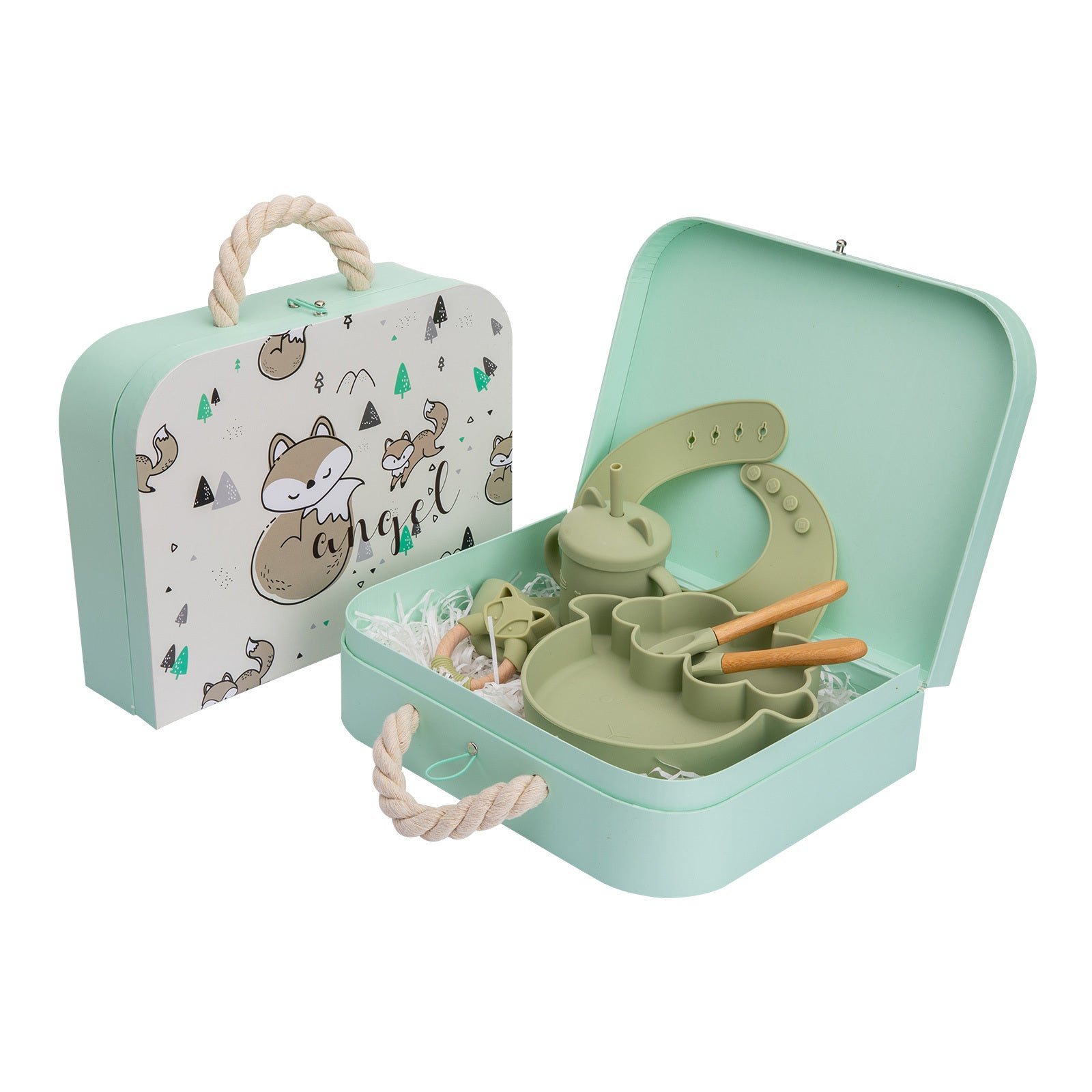 Children's tableware set with green dishes and cutlery in a mint green case on a white background