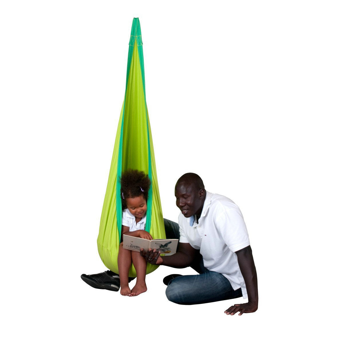 Man and child reading a book in a green hanging chair on a white background