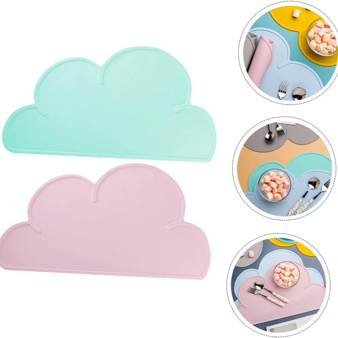 Two cloud-shaped placemats, one green and one pink, with inset images showing their use.