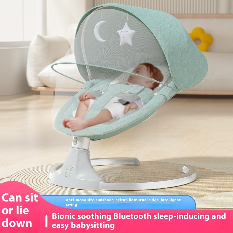 Baby in a green baby swing with text about its features.