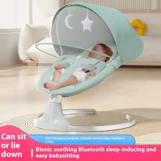 Baby in a green baby swing with text about its features.