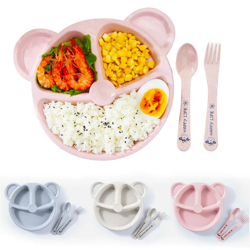 Cute Cartoon Bear 3-Piece Baby Feeding Set - Bowl, Spoon & Fork for Safe and Fun Mealtime!