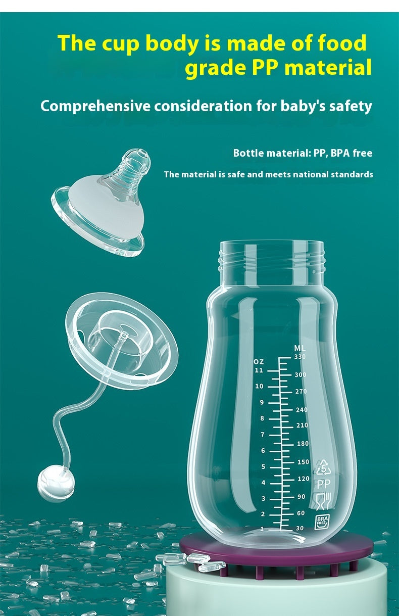 Baby bottle withPP material and safety features on a green background