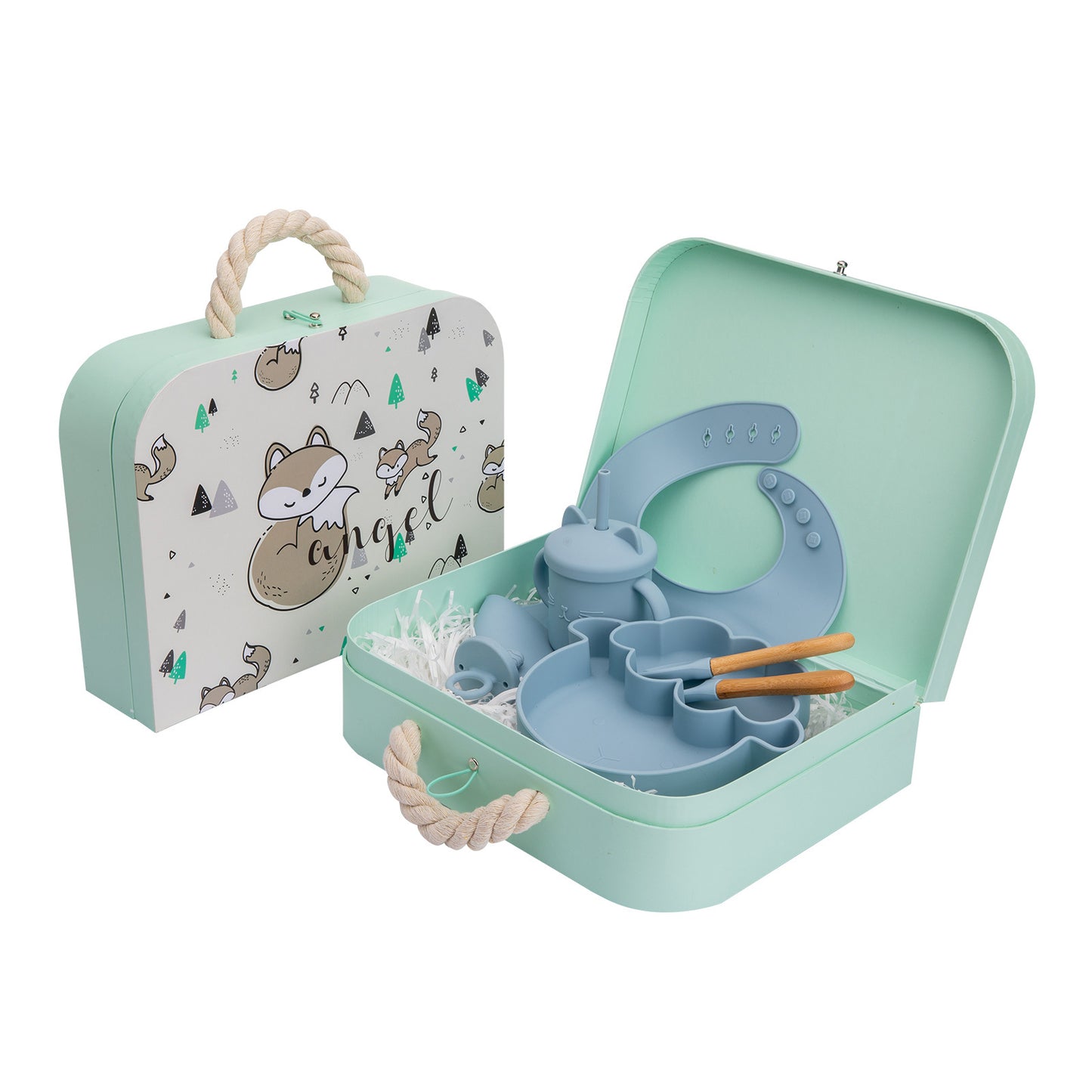Children's dining set in a mint green suitcase with a patterned box labeled 'angel'.