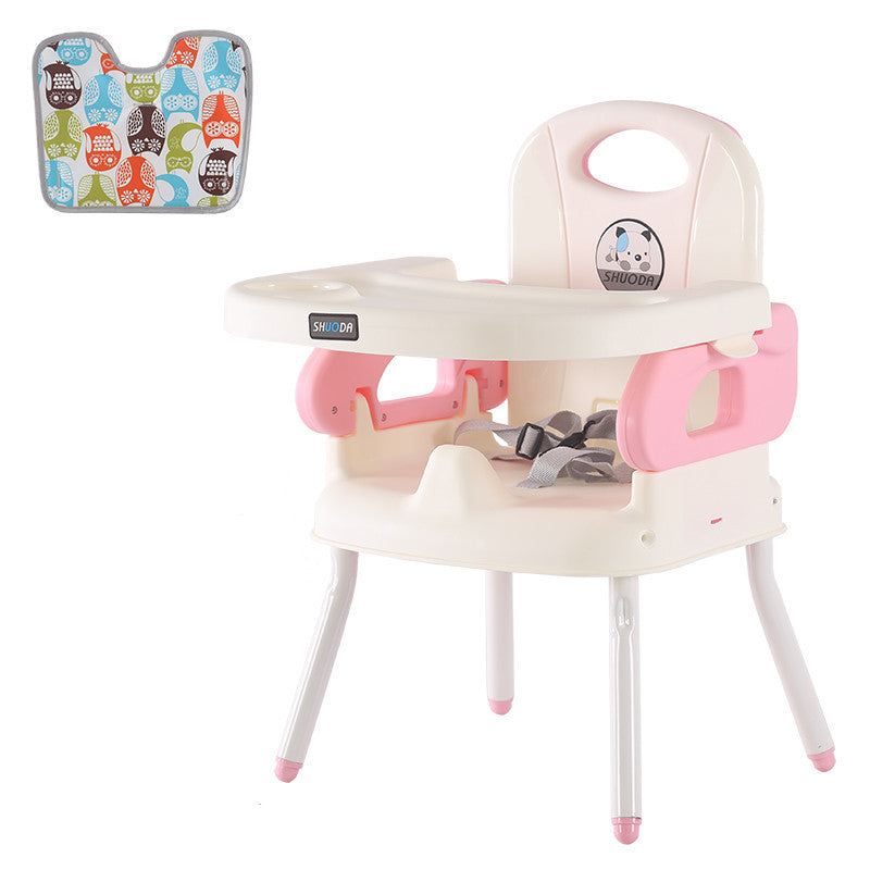 Pink and white baby high chair with a seat cover on a white background