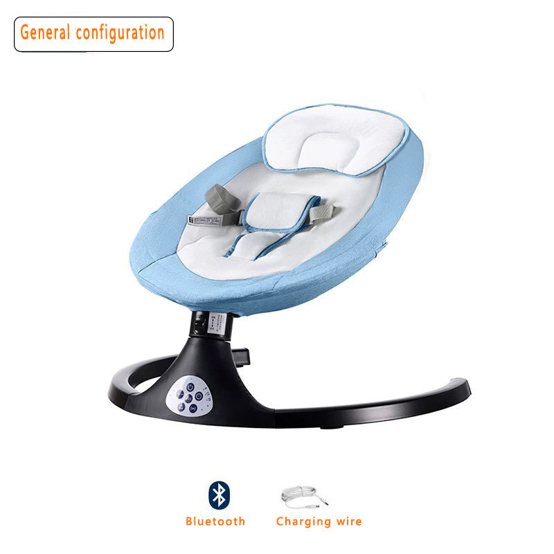 Baby bouncer with blue and white design on a white background