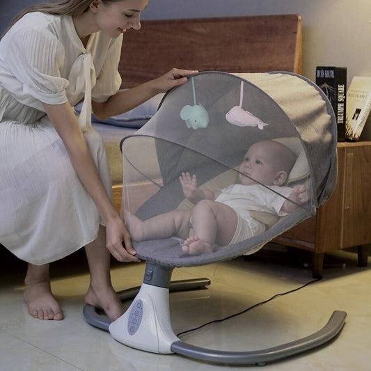 Nestacular electric baby rocking chair in cherry blossom powder, featuring adjustable comfort settings and soothing motion.