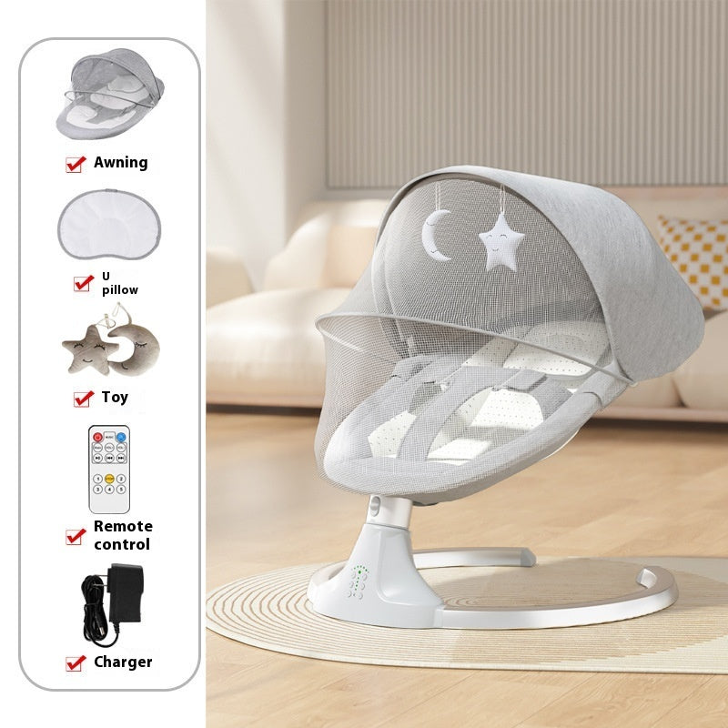 White baby swing with star and moon design on a wooden floor, accompanied by an inset showing features and controls.