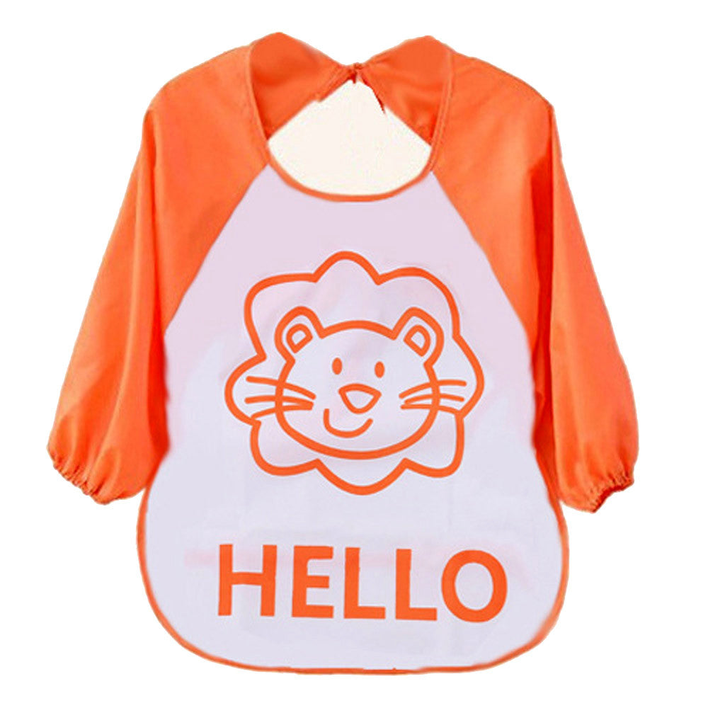 Orange and white bib with a cartoon cat face and 'HELLO' text on a white background