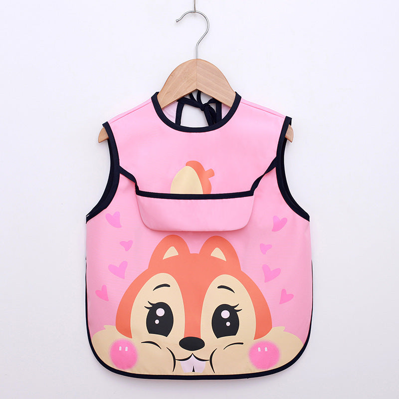 Pink baby bib with cartoon character on a hanger against a white background