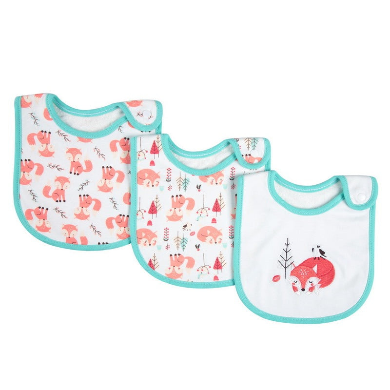 Three baby bibs with animal prints on a white background