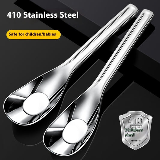 Two silver spoons on a black background with '410 Stainless Steel' text and logo.