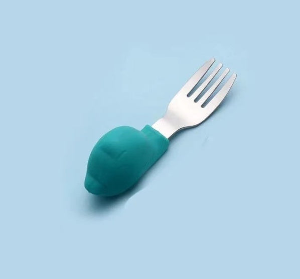 Fork with a teal handle on a light blue background