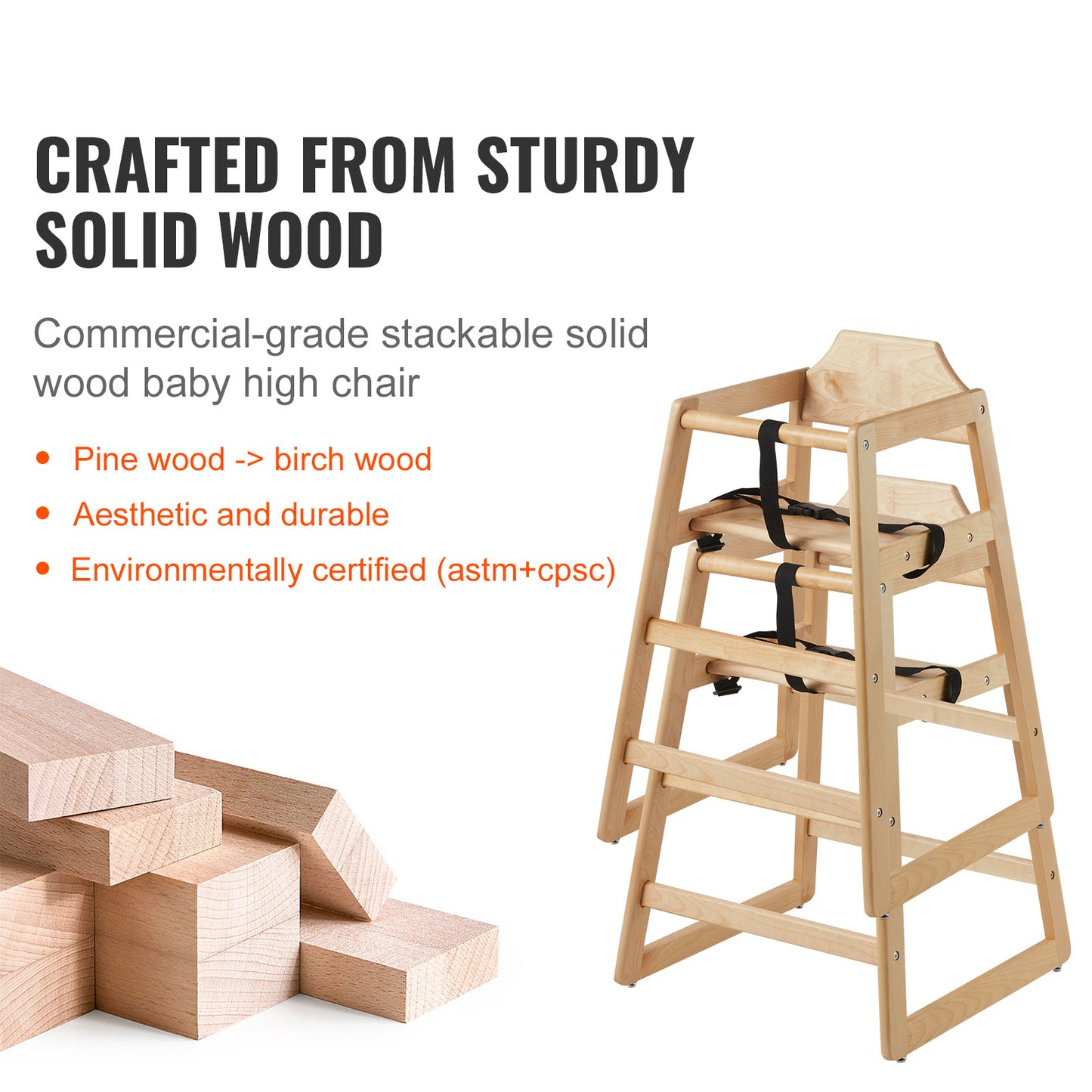 Wooden baby high chair with text highlighting its construction and features on a white background